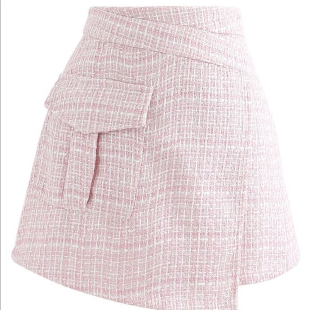 TWEED ASYMMETRIC MINI SKIRT IN PINK